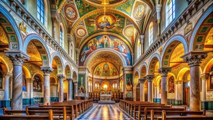 Intricately decorated ancient Christian church, Basilica of San Clemente, features vibrant mosaics, ornate columns, and stunning stained-glass windows in a beautifully restored interior setting.