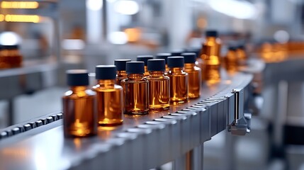 Production line of beauty and healthcare products at plant or factory Process of manufacturing and packaging cosmetics goods Glass or plastic bottles with screw caps standing on convey : Generative AI