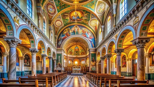 Intricately decorated ancient Christian church, Basilica of San Clemente, features vibrant mosaics, ornate columns, and stunning stained-glass windows in a beautifully restored interior setting.