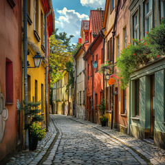 Charming Old Town Street in Toruń with Colorful Historic Buildings and Cobblestone Pavement