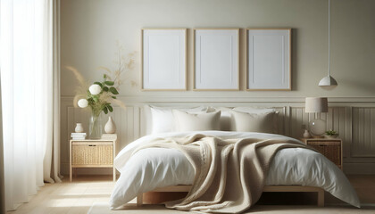 Mockup three frame in bedroom interior background, room in light pastel colors, 3d render