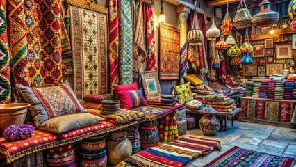 Intricately patterned traditional handicraft textiles and local souvenirs are artfully arranged on a vibrant market stall in a bustling Middle Eastern bazaar scene.