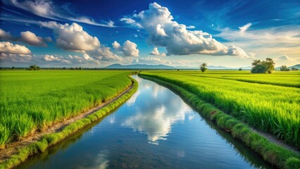 Irrigation canal winds through lush green rice paddy field on a sunny day, reflecting clear blue sky with a few puffy white clouds.