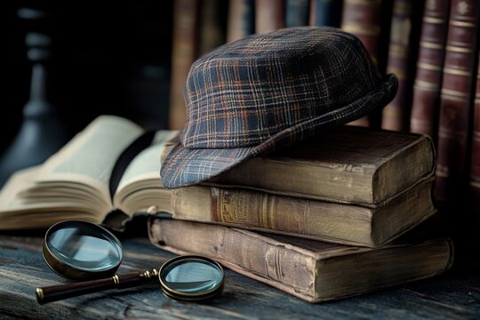 A stack of mystery novels with a few detective hats and magnifying glasses nearby Hyper realistic. Shot with canon 5d Mark III --ar 3:2 --style raw --v 6.1 Job ID: d4f22d2d-be98-4e29-982a-e630ede297dd