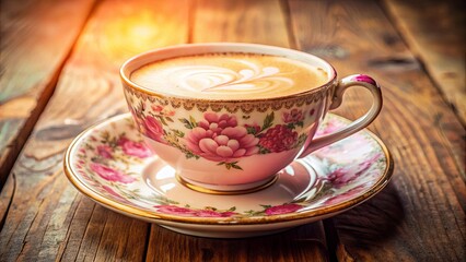 Latte in a pink china cup on a saucer in a cozy bohemian home with warm interior decor