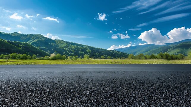 Empty asphalt road and mountain nature landscape under blue sky : Generative AI