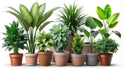 Fototapeta premium Isolated potted plants with varied leaf shapes and sizes against a transparent background, showcasing natural textures and vibrant green hues in high contrast.