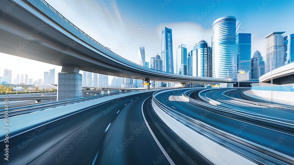 Poster Highway overpass motion blur effect with modern city background : Generative AI