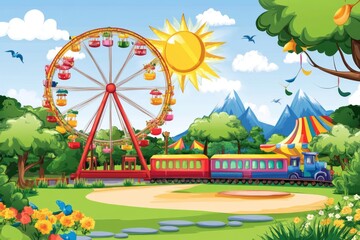 A sunny day at a cartoon playground with a big Ferris wheel and a train ride