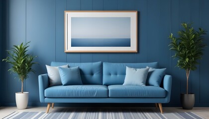 Interior mockup In a white room a blue sofa is placed next to a photo frame on the wall
