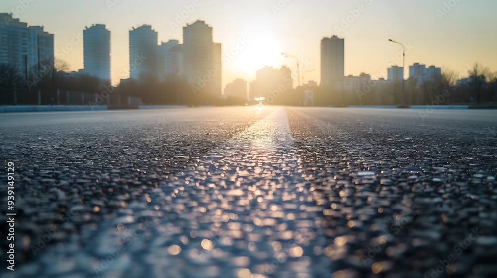 Poster empty road with panoramic cityscape : generative ai