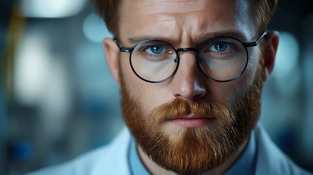 Serious thoughtful clever scientific worker wears spectacles has beard curves lower lip tries to imagine new theory or thigs how to prove new axiom Pensive unshaven man being very meti : Generative AI