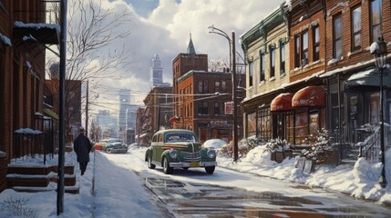 Obraz premium A Snowy City Street with a Green Car and a Man Walking