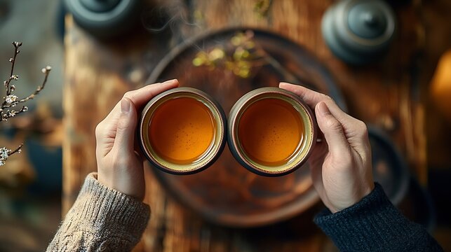Top view tea set a wooden table for tea ceremony background Woman and man holding a cup of tea : Generative AI