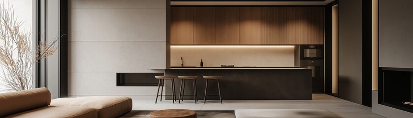 A modern spacious living room with a minimalist aesthetic.