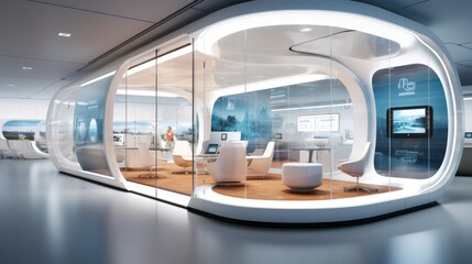 Obraz premium Sleek, futuristic interior with transparent walls and holographic displays