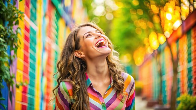 Joyful woman throws her head back in uncontrollable laughter, eyes closed and mouth open, as she stands in a bright and colorful outdoor setting.