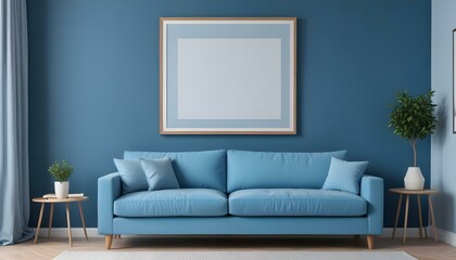 Interior mockup In a white room a blue sofa is placed next to a photo frame on the wall