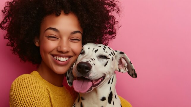 Happy overjoyed African American female feels glad as dalmatian dog smells her and shows devotion isolated on pink background Cheerful dark skinned woman with favourite pet People and  : Generative AI