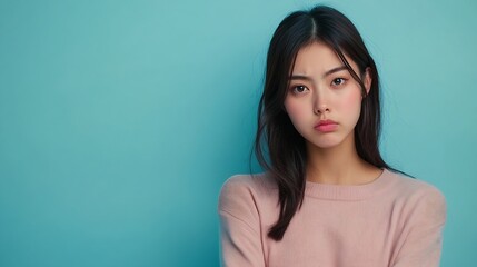 Portrait of displeased offended young Asian woman with dark hair keeps arms folded looks angrily aside doesnt agree with somebodys opinion wears neat clothes isolated over blue studio  : Generative AI