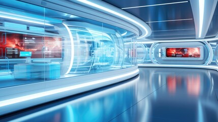 Obraz premium Sleek, futuristic interior with transparent walls and holographic displays