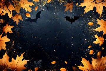 Halloween style wallpaper, black background with gold decoration and large blank space in the center for text, Halloween patterns such as bats and witches on both sides of the frame, glitter 