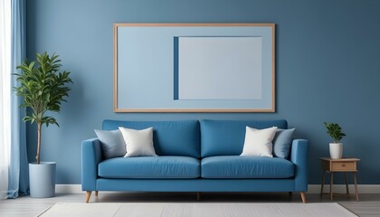 Interior mockup In a white room a blue sofa is placed next to a photo frame on the wall