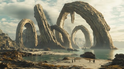 Fototapeta premium A group of figures stand on a beach beneath a series of natural stone arches.