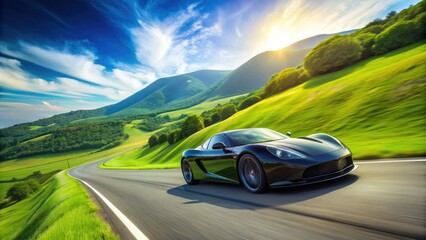 Obraz premium Low-angle shot of sleek, black, high-performance sports car speeding down a winding road, surrounded by lush green hills and bright blue sky.