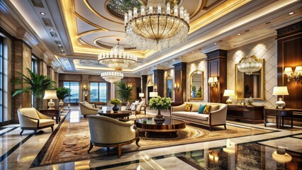 Luxurious accommodations with refined furnishings, lavish chandeliers, and marble floors create an opulent atmosphere in this upscale family-friendly hotel's grand lobby.