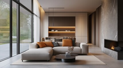 Fototapeta premium A modern spacious living room with a minimalist aesthetic. 