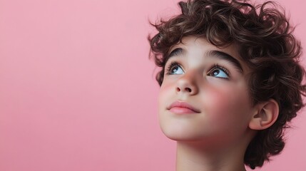 Horizontal portrait of thoughtful puzzled youngster looks with pensive dreamy expression aside thinks what decision to make stands against pink background with blank copy space on left : Generative AI