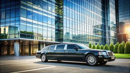Luxurious black limousine parked in front of a sleek, modern office building, reflecting the prosperity and sophistication of a successful business enterprise.