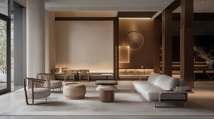 A modern spacious living room with a minimalist aesthetic. 