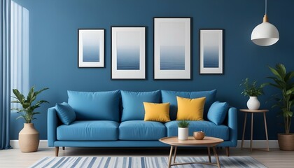 Interior mockup In a white room a blue sofa is placed next to a photo frame on the wall