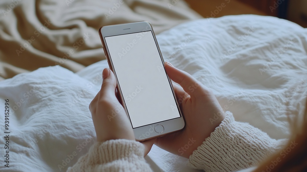 Aufkleber cropped view of female hands holding smart phone with blank screen for your text woman reading messa