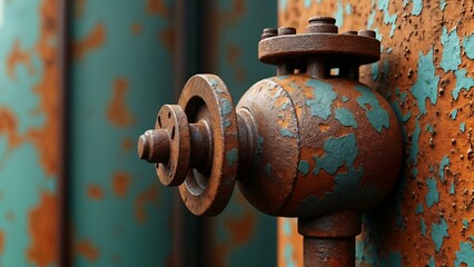 Close-up of Rusted Industrial Valve with Peeling Paint - AI Generated