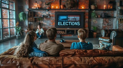 A family sits comfortably on a stylish couch, intently watching election updates on a large screen, surrounded by warm decor and a relaxed atmosphere