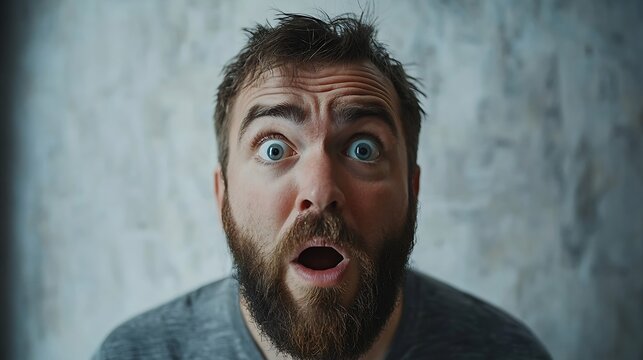 Photo of shocked bearded male looks down with great disbelief expresses surprisment and astonishment indicate with fore fingers at floor isolated over white concrete wall Caucasian man : Generative AI