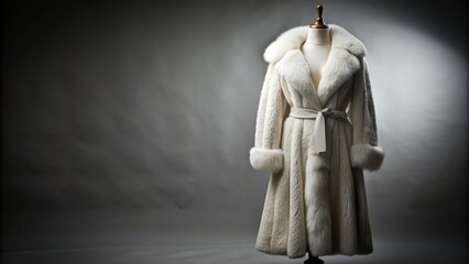Luxurious long white fur coat draped elegantly over a velvet mannequin, exuding sophistication and glamour against a subtle gray studio background.