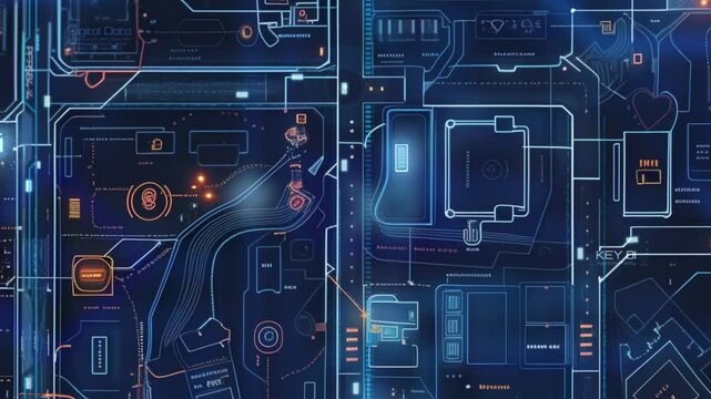 Cyberpunk style map, car tracking, top view. Cars drive around the city of the future, which are monitored by satellite. Crime detection.