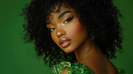 Fototapeta premium Vibrant Black woman in green gown embodying high-fashion style