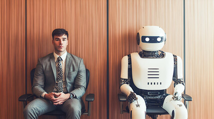 office workers sitting next to each other, one of them is human and the other one is an ai robot, in the style of a stock photo, office landscape, smart casual