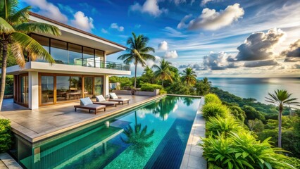 Fototapeta premium Luxurious modern villa with infinity pool and lush greenery, overlooking turquoise ocean waters and white sandy beach in a serene tropical paradise setting.