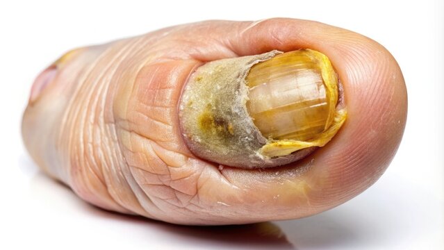 Macro shot of a diseased toenail with yellowish discoloration, flaking, and crumbling edges, affected by fungal infection, isolated on a white background.