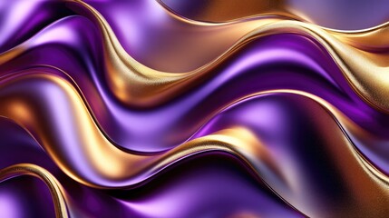 Fototapeta premium Elegant wavy 3D background featuring intertwining golden and purple metallic textures.