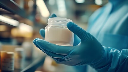 Production and packaging of cosmetics products Cropped shot of factory worker in gloves and gown holding plastic jar filling it with white face or body cream Beauty skincare and cosmet : Generative AI