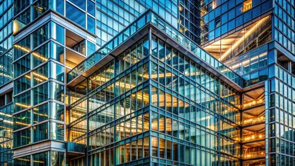 Obraz premium Macro view of a modern building's intricate architectural details, showcasing a mixture of glass, steel, and concrete textures in a mesmerizing urban landscape.