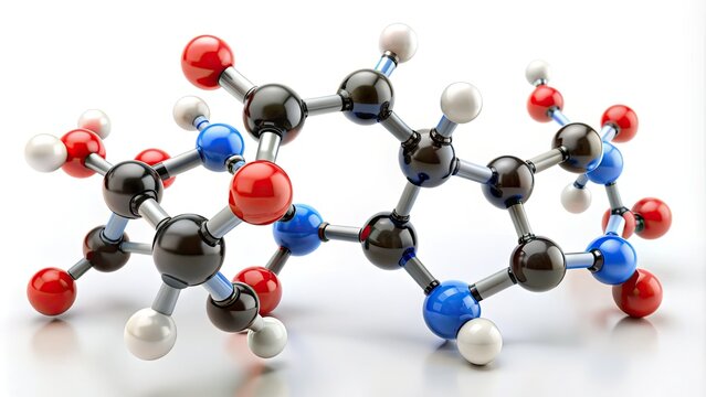 Macro view of leucine amino acid molecule structure model on white background, showcasing complex chemical bonds and atoms in three-dimensional representation.