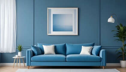 Interior mockup In a white room a blue sofa is placed next to a photo frame on the wall